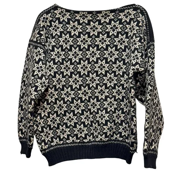 VTG VOSS Norwegian 100% Wool Ski Fair Isle Nordic Black Sweater Womens Medium - Picture 4 of 9